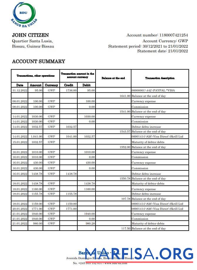 Realistic Guinea Bissau Banco da Uniao bank statement excel template